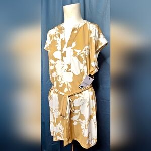 Liz Claiborne Collection Khaki & White Floral Belted Tunic Blouse Size XL NWT